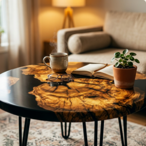 Classic walnut cutting board in American walnut, styled with coffee and a book