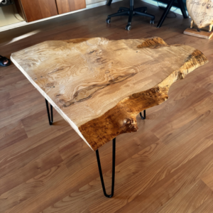 Live-edge maple serving board in hard maple with hairpin legs
