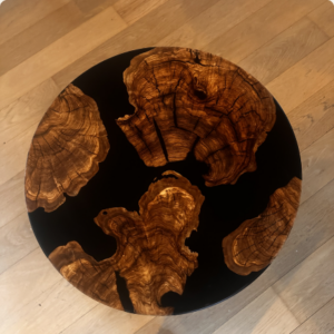 Round rustic farmhouse table in reclaimed pine with epoxy inlay