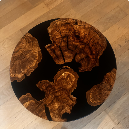 Round rustic farmhouse table in reclaimed pine with epoxy inlay
