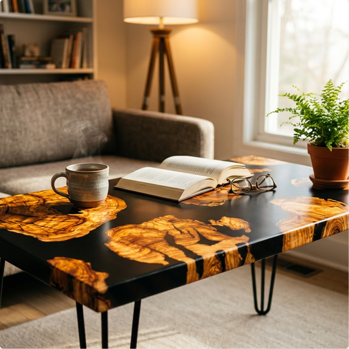 Sculptural live-edge epoxy river table from the Signature Collection