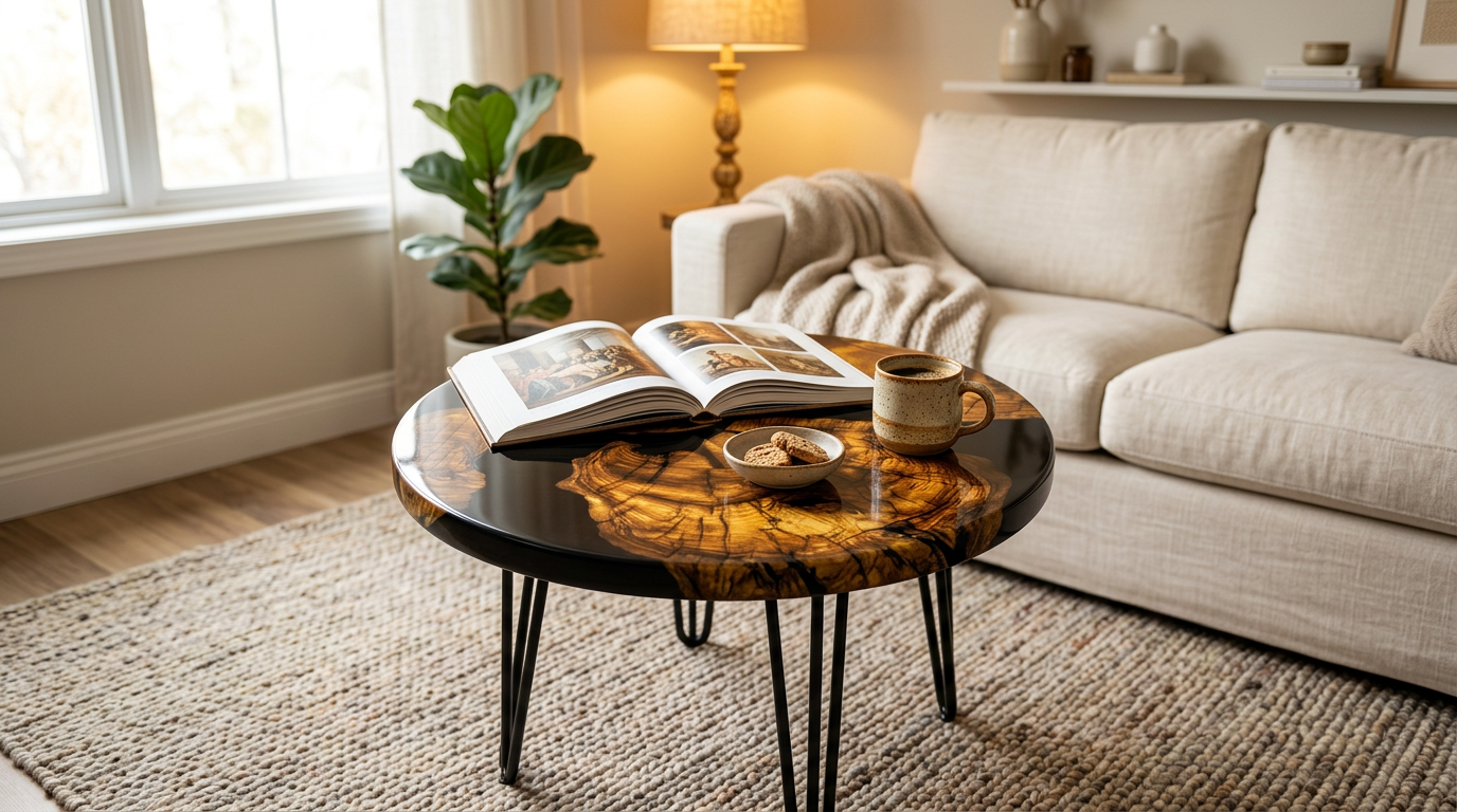 Inspiration — specialbygget sofabord med epoxy